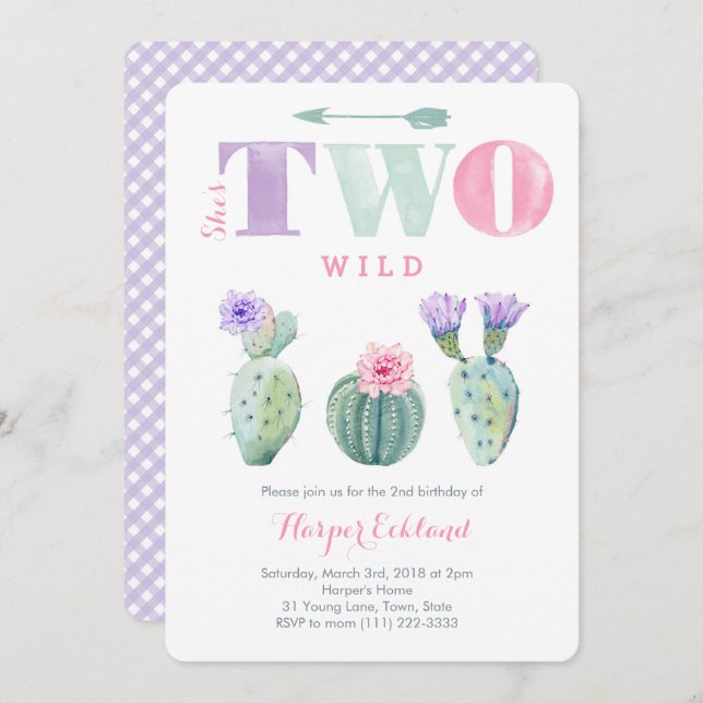 She's TWO wild Girl Second Birthday Cactus Party Invitation (Front/Back)