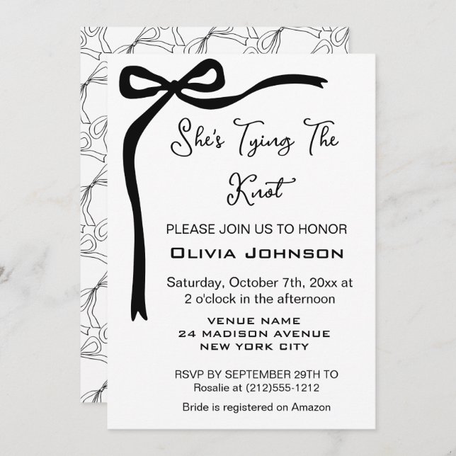 She's Tying Knot Black Bow Border Bridal Shower Invitation (Front/Back)
