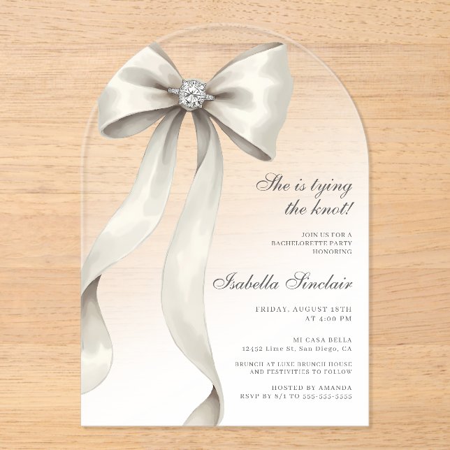 She's Tying The Knot Bachelorette Arched Acrylic Invitations (Front)