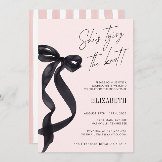 She's Tying the Knot Black Bow Bachelorette Party Invitation (Front/Back)