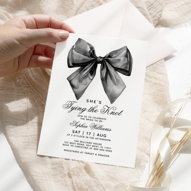 She's Tying The Knot Black Bow Bridal Shower Invitation (Creator Uploaded)