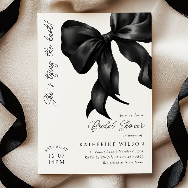 She's Tying the Knot Black Bow Bridal Shower Invitation (Creator Uploaded)