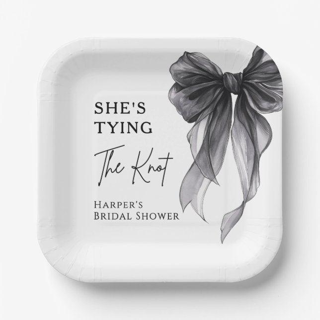 She's Tying The Knot Black Bow Bridal Shower Paper Plate (Front)