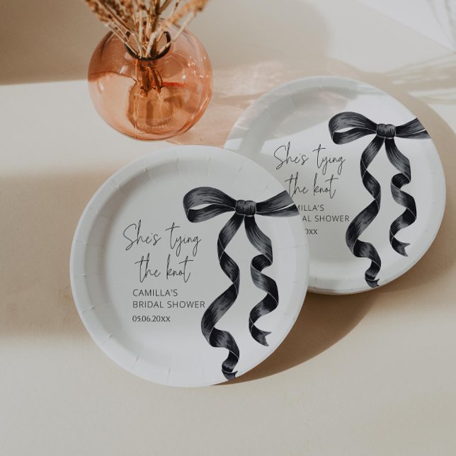 She's Tying the Knot Black Bow Bridal Shower  Paper Plate (Creator Uploaded)