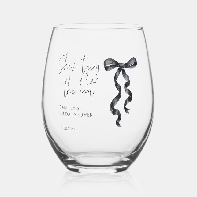  She's Tying The Knot Black Bow Bridal Shower Stemless Wine Glass (Front)
