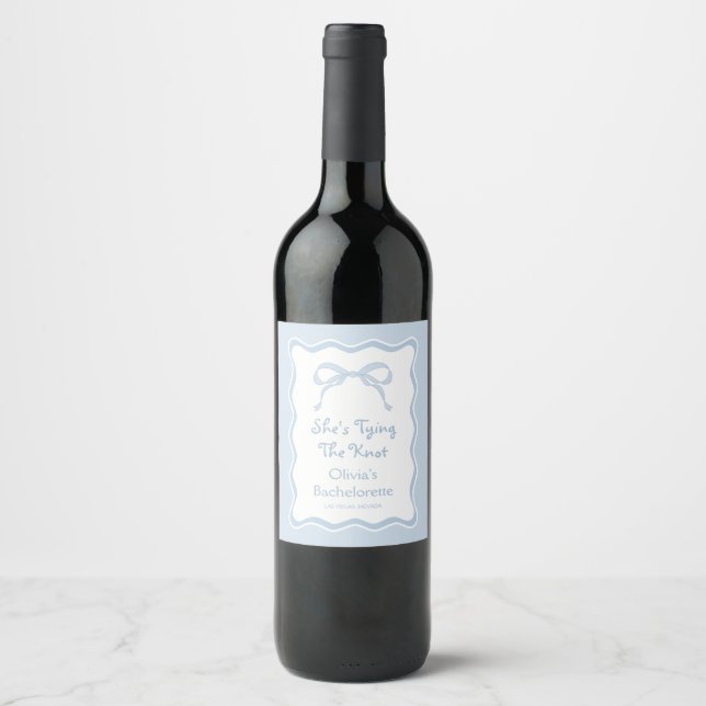 She's Tying the Knot Blue Bow Bachelorette Party Wine Label (Front)