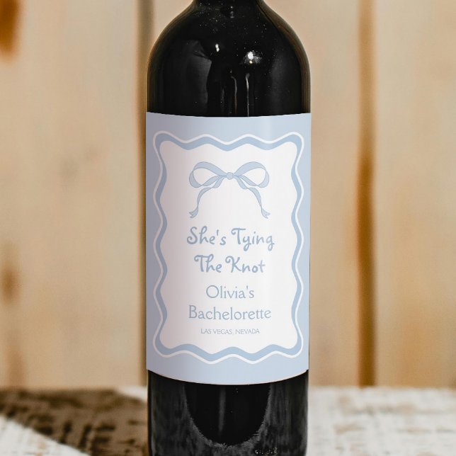 She's Tying the Knot Blue Bow Bachelorette Party Wine Label (Creator Uploaded)