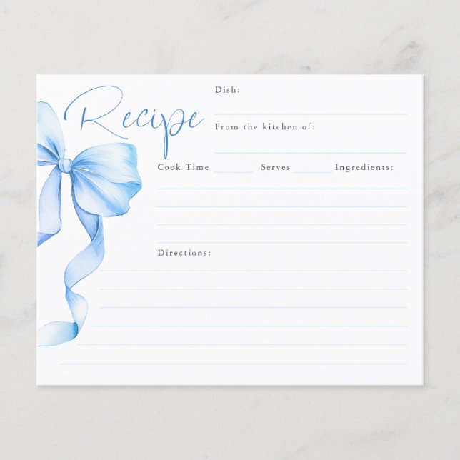 She's Tying the Knot Blue Bow Bridal Recipe Card (Front)