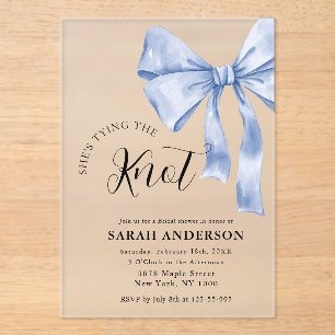 She's Tying the Knot blue bow Bridal Shower Acrylic Invitations