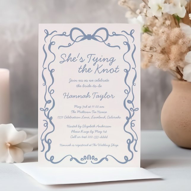 She's Tying the Knot Blue Bow Bridal Shower Invitation (Creator Uploaded)