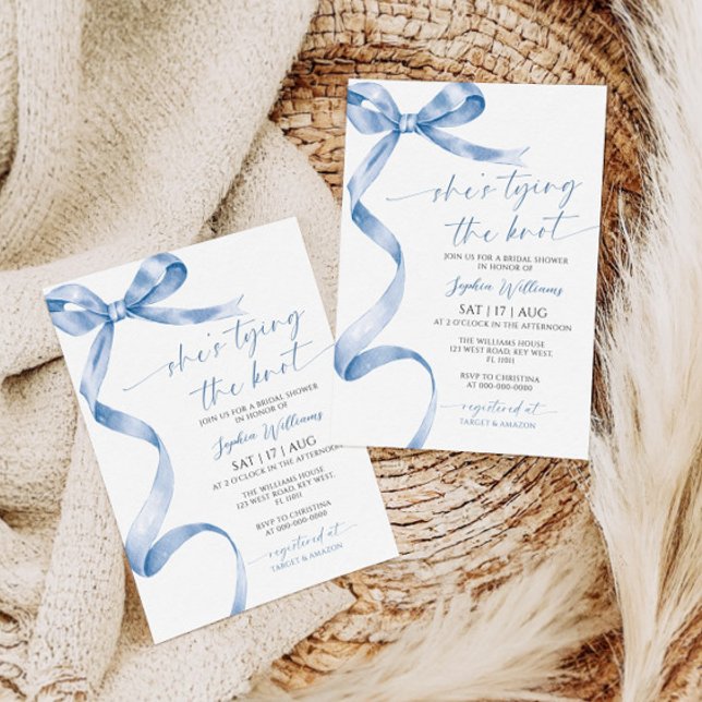 She's Tying the Knot Blue Bow Bridal Shower Invitation (Creator Uploaded)
