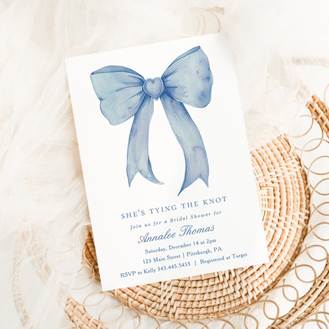 She's Tying the Knot Blue Bow Bridal Shower Invitation (Creator Uploaded)