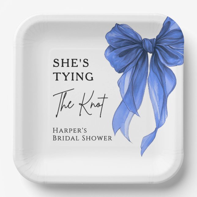 She's Tying The Knot Blue Bow Bridal Shower Paper Plate (Front)