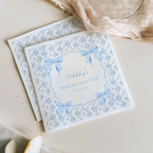 She's Tying the Knot Blue Bow Floral Bridal Shower Napkin (Creator Uploaded)