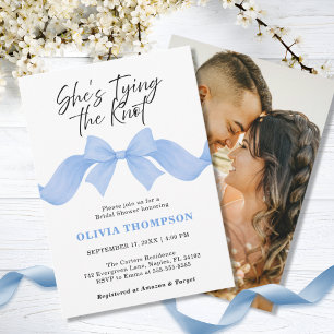She's Tying the Knot Blue Bow Photo Bridal Shower Invitation