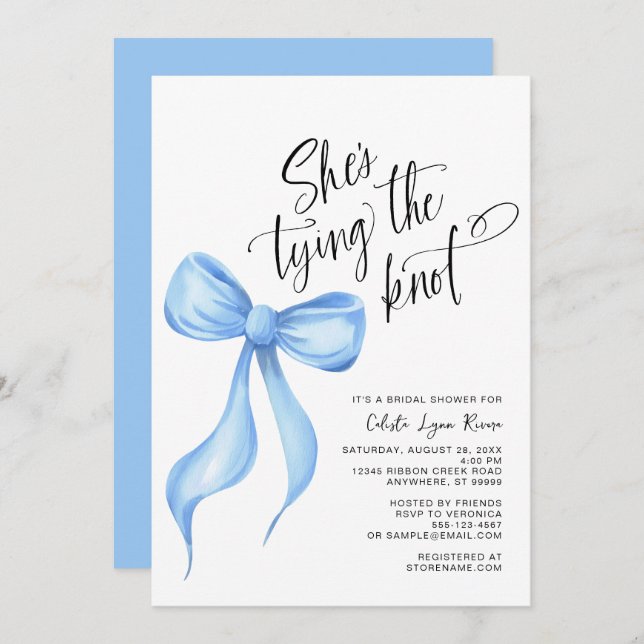 She's Tying the Knot Blue Bow Ribbon Bridal Shower Invitation (Front/Back)