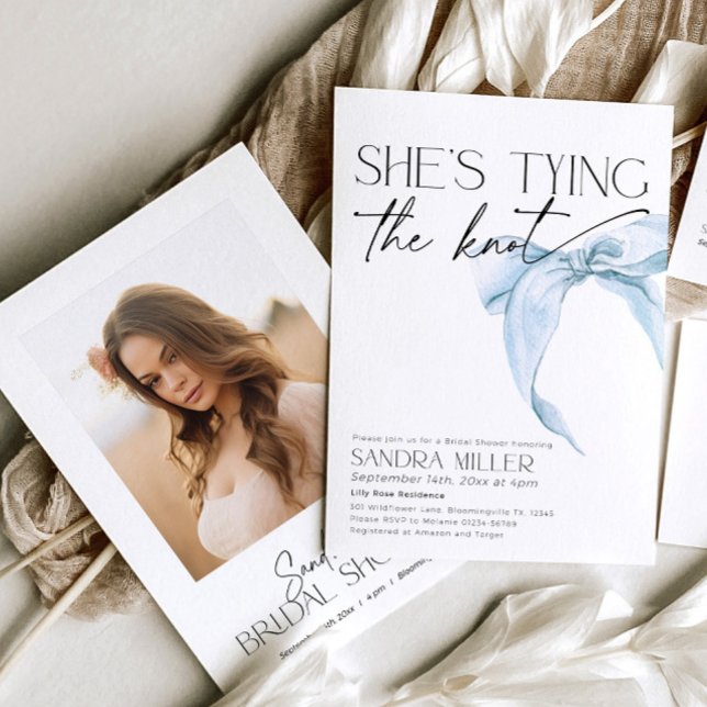 She's tying the knot blue Bridal Shower bow Invitation (Creator Uploaded)