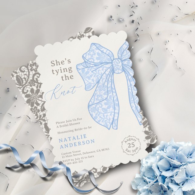 She's tying the Knot Blue Lace Bow Bridal Shower Invitation (She's tying the Knot Blue Lace Bow Bridal Shower Invitation)