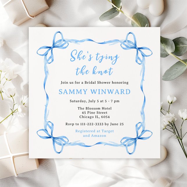 She's Tying The Knot Blue Ribbon Bridal Shower Invitation (Creator Uploaded)