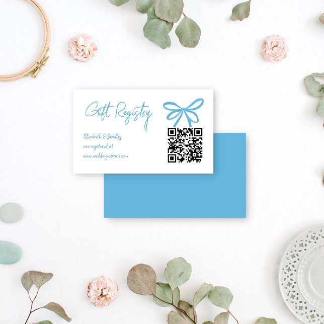 She's tying the knot blue ribbon gift registry enclosure card (She's tying the knot blue ribbon minimalist bridal shower wedding qr gift registry enclosure card)