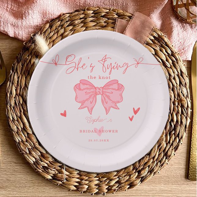 She's Tying the Knot Blush Pink Bow Bridal Shower Paper Plate (Creator Uploaded)