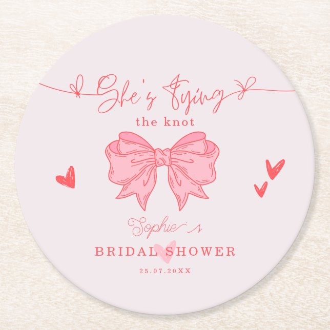 She's Tying the Knot Blush Pink Bow Bridal Shower Round Paper Coaster (Front)