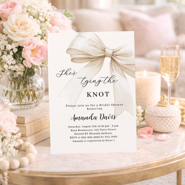 She's tying the knot bow beige Bridal Shower Invitation (Creator Uploaded)