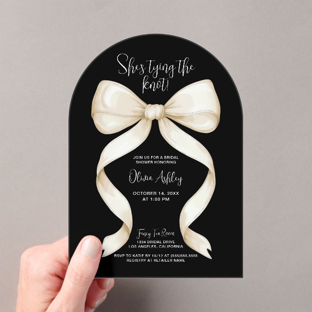 She's Tying the Knot Bow Bridal Shower Acrylic Invitations (Insitu (Handheld))