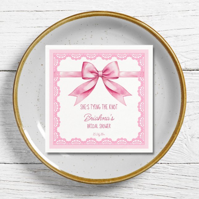 She's tying the knot bow bridal shower printed napkin (She's tying the knot pink bow retro lace bridal shower printed napkins template personalized decor)