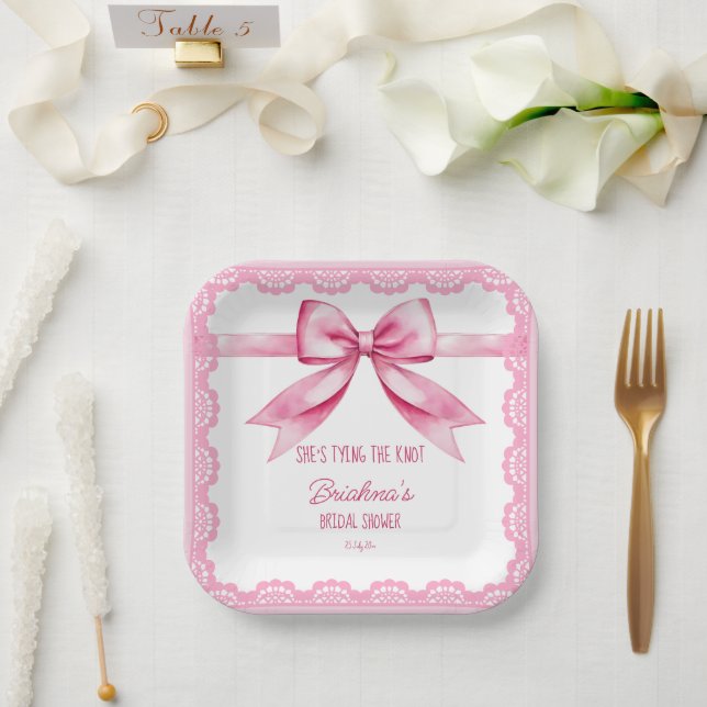 She's tying the knot bow bridal shower printed paper plate (Wedding)