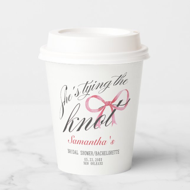 She's Tying the Knot Bow Coquette Bridal Shower Paper Cups (Front)