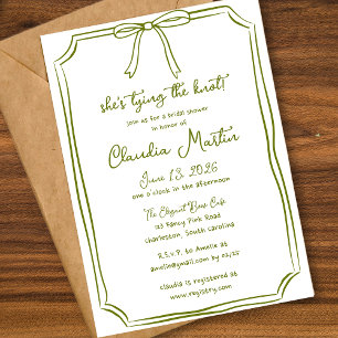 She's Tying the Knot Bow Olive Green Bridal Shower Invitation
