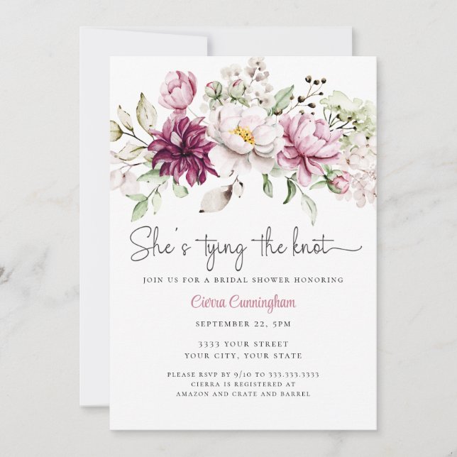She's Tying the Knot Burgundy Pink Floral Bridal  Invitation (Front)