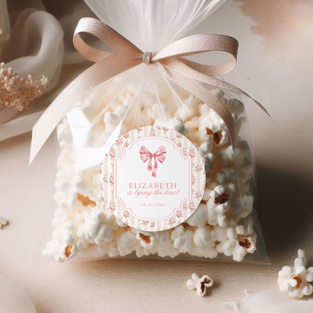 She's Tying the Knot Coquette Bow Bridal Shower Classic Round Sticker (Creator Uploaded)