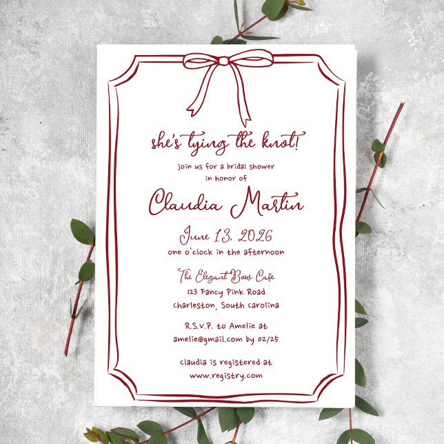 She's Tying the Knot Crimson Red Bow Bridal Shower Invitation (Creator Uploaded)