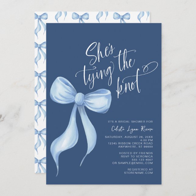 She's Tying the Knot Dark Blue Bridal Shower Invitation (Front/Back)