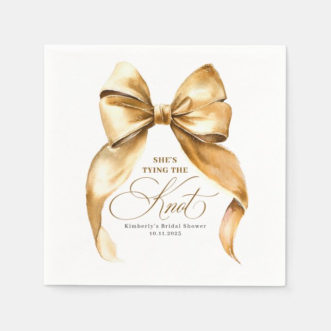 She's Tying The Knot Gold Bow Bridal Shower Napkin (Front)