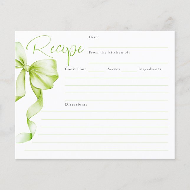 She's Tying the Knot Green Bow Bridal Recipe Card (Front)