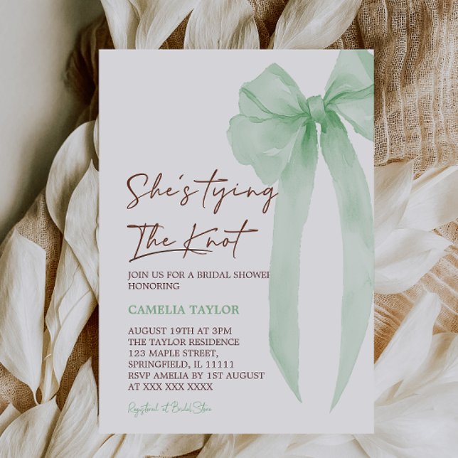 She's Tying The Knot Green Bow Bridal Shower Invitation (Creator Uploaded)