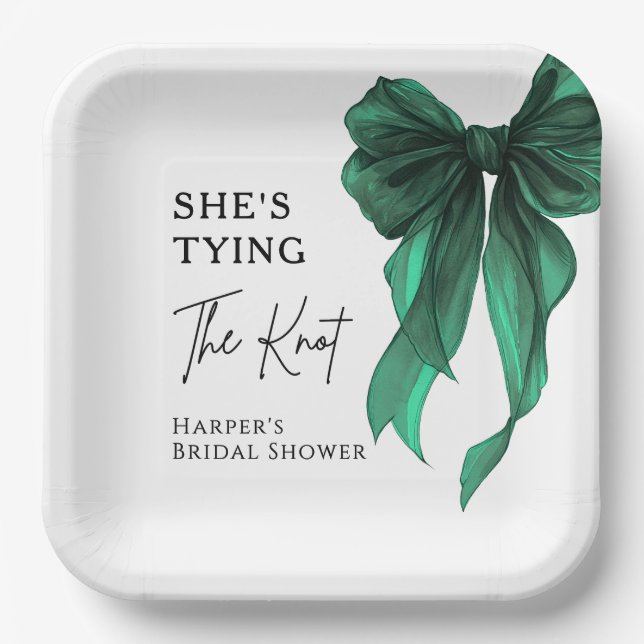 She's Tying The Knot Green Bow Bridal Shower Paper Plate (Front)