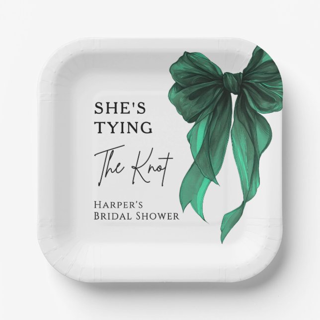 She's Tying The Knot Green Bow Bridal Shower Paper Plate (Front)
