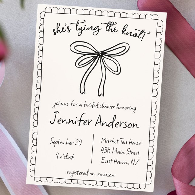 She's tying the knot Hand Drawn Bow Bridal Shower Invitation ("she's tying the knot" hand drawn doodle whimsical bridal shower invitation coquette bow scallop)
