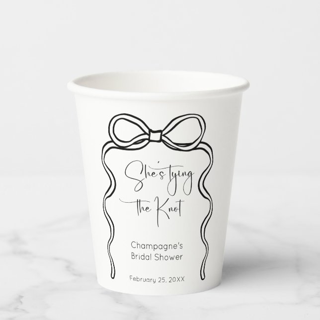 She's Tying The Knot Modern Script Bridal Shower Paper Cups (Front)