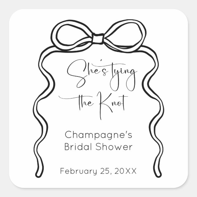 She's Tying The Knot Modern Script Bridal Shower Square Sticker (Front)