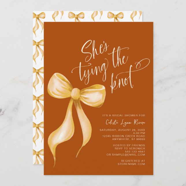 She's Tying the Knot Orange Bow Bridal Shower Invitation (Front/Back)