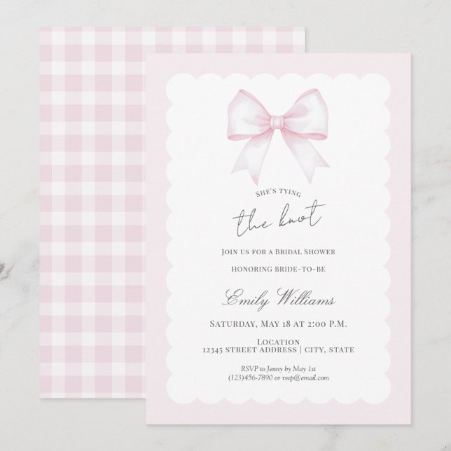 She's Tying The Knot Pink Blush Bow Bridal Shower Invitation (Front/Back)