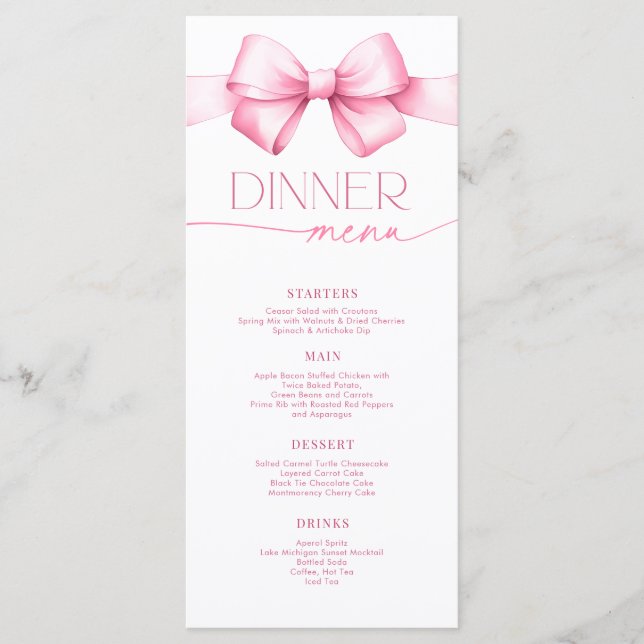 She's Tying the Knot Pink Bow Bridal Shower Dinner Menu (Front)