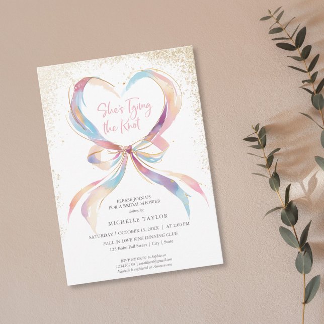 She's Tying The Knot Pink Bow Bridal Shower Invita Invitation (pastel watercolor pink bow ribbon forming a heart shape with gold glitter details bridal shower invi)