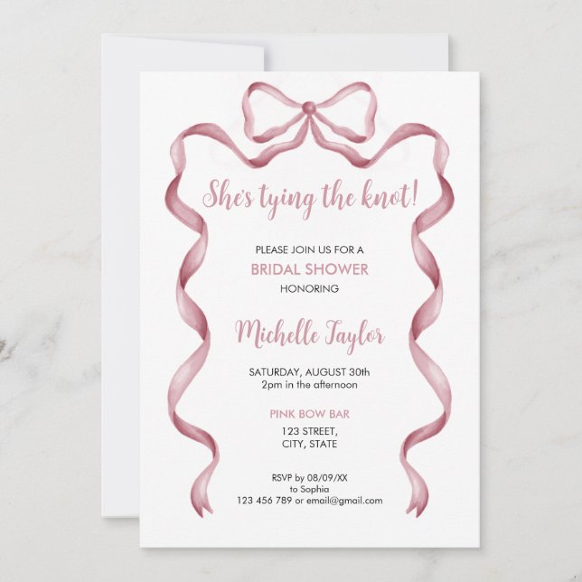 She's Tying the Knot Pink Bow Bridal Shower Invitation (Front)