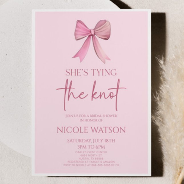 She's Tying The Knot Pink Bow Bridal Shower Invitation (Creator Uploaded)